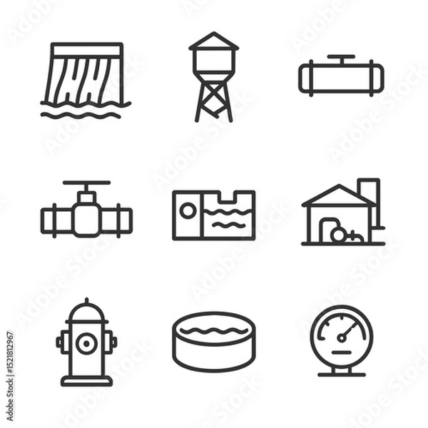 Obraz Water Infrastructure Icons. Outline icon set of water infrastructure: dam wall, water tower, pipeline, valve handle, treatment