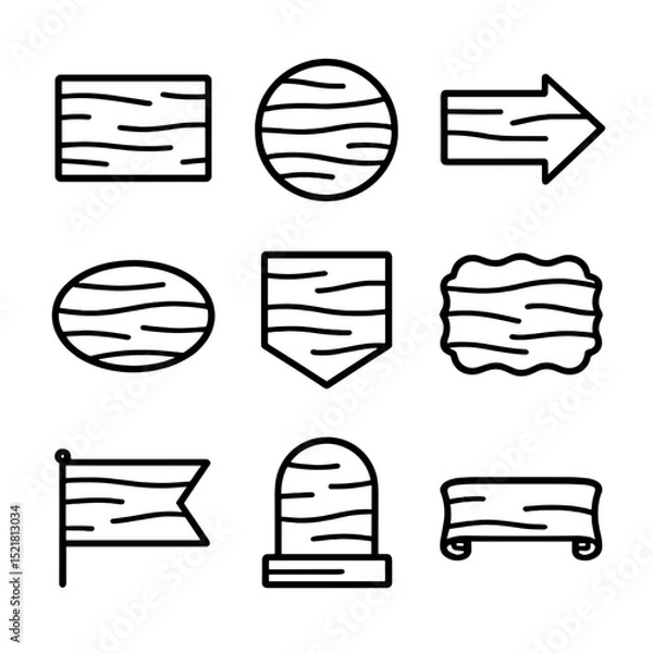 Obraz Wooden Sign Icons. Outline icon set of wooden sign shapes: rectangular plank, round plaque, oval board, arrow pointer, chevron