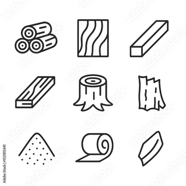 Fototapeta Timber Icon Set. Outline icon set of timber and wood: log stack, plywood sheet, lumber beam, wooden plank, tree stump, bark