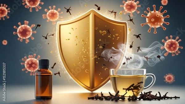 Fototapeta Dynamic image of a glowing golden shield protecting the body from germs. Stylized bacteria are neutralized by cloves, with clove oil and a steaming cup of clove water in the foreground as remedies.