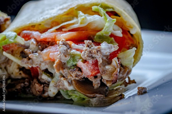 Fototapeta Mexican style tortilla wrap with beef and tomatoes and lettuce.