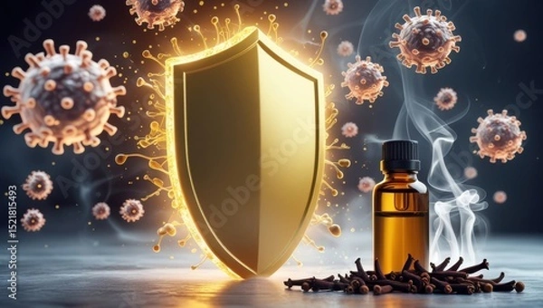 Fototapeta Dynamic image of a glowing golden shield protecting the body from germs. Stylized bacteria are neutralized by cloves, with clove oil and a steaming cup of clove water in the foreground as remedies.