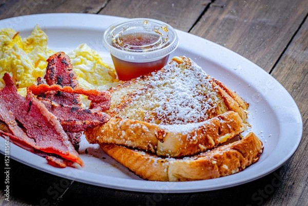Fototapeta pancakes with egg and bacon breakfast served with a side of syrup.