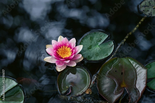 Fototapeta Pink lotus flower and green leaves in water, view from above
