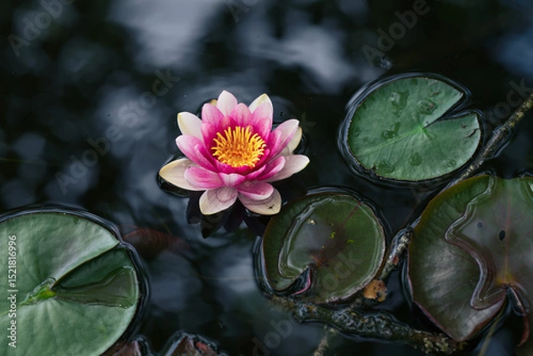 Fototapeta Pink lotus flower and green leaves in water, view from above
