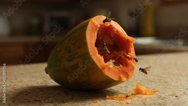 Fototapeta Half-eaten, mushy papaya sits uncovered on a dimly lit kitchen counter with a yellowish tint. Fruit flies hover nearby, emphasizing spoilage, decay, and neglect.