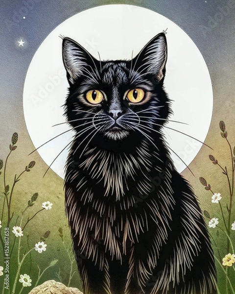 Obraz Stylized Black Cat in Front of a Full Moon