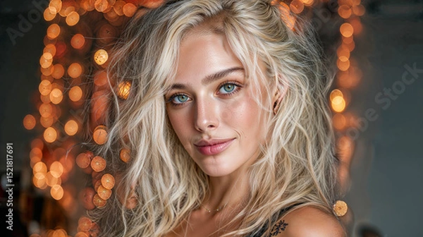 Obraz Close-Up of a Smiling Blonde Woman with Bokeh Lights