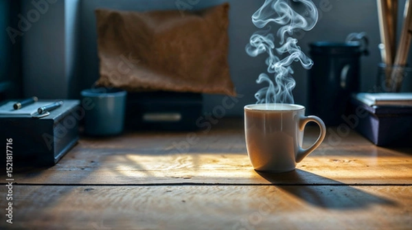 Obraz Steaming Coffee Mug on a Wooden Table