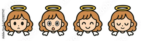 Fototapeta Kawaii Angel Emoji Set – Neutral, Surprised, Happy and Sleepy Faces – Cute Cartoon Character Vector Pack
