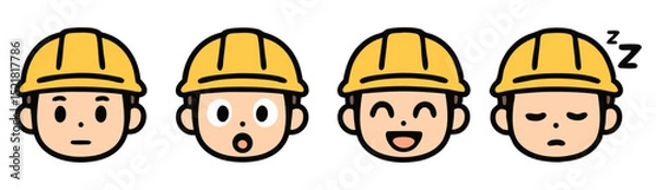 Fototapeta Cute Construction Worker Emoji Set – Neutral, Surprised, Happy and Sleepy Faces – Kawaii Vector Stickers
