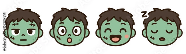 Fototapeta Kawaii Zombie Face Emotes – Neutral, Surprised, Laughing and Sleepy Cute Undead Expressions – Vector Halloween Pack
