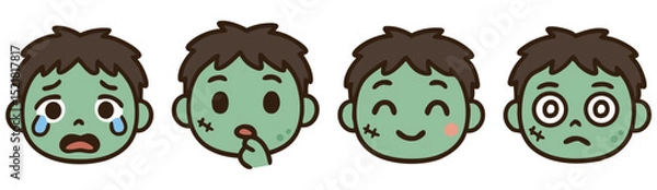 Fototapeta Cute Zombie Emoji Set – Crying, Thinking, Happy and Dizzy Kawaii Undead Faces – Halloween Vector Stickers
