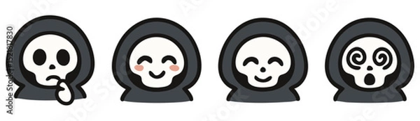 Fototapeta Kawaii Grim Reaper Face Emotes – Thinking, Smiling, Happy and Dizzy Cute Halloween Skull Stickers – Vector Pack
