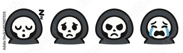Fototapeta Kawaii Grim Reaper Face Emotes – Sleepy, Sad, Angry and Crying Cute Halloween Skull Stickers – Vector Set

