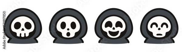 Fototapeta Cute Grim Reaper Face Emotes – Neutral, Surprised, Happy and Worried Skull Expressions – Kawaii Halloween Stickers
