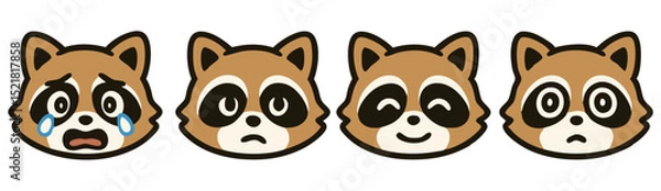 Fototapeta Cute Raccoon Emoji Set – Crying, Neutral, Winking and Worried Kawaii Animal Faces – Vector Sticker Pack
