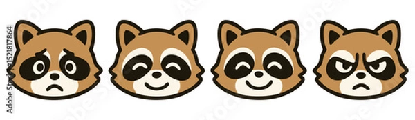 Fototapeta Cute Raccoon Face Emotes – Sad, Happy, Smiling and Angry Kawaii Animal Expressions – Vector Stickers
