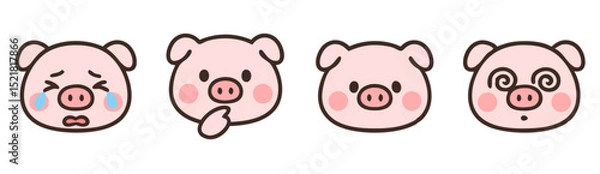 Fototapeta Kawaii Pig Face Emotes – Crying, Thinking, Neutral and Dizzy Cute Expressions – Vector Sticker Collection
