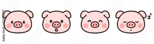 Fototapeta Cute Pig Emoji Set – Happy, Surprised, Laughing and Sleepy Kawaii Farm Animal Faces – Vector Stickers
