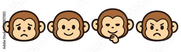 Fototapeta Kawaii Monkey Face Emotes – Sad, Happy, Thinking and Angry Cute Expressions – Vector Sticker Set
