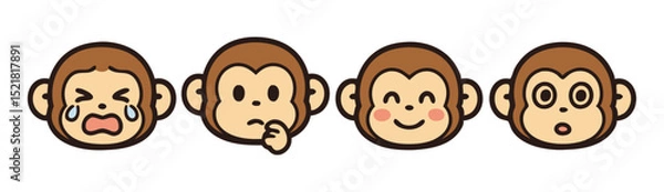 Fototapeta Kawaii Monkey Face Emotes – Crying, Thinking, Happy and Surprised Cute Expressions – Vector Sticker Pack
