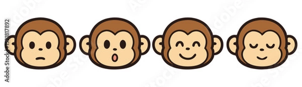 Fototapeta Cute Monkey Emoji Set – Neutral, Surprised, Happy and Sleepy Kawaii Animal Faces – Vector Sticker Pack
