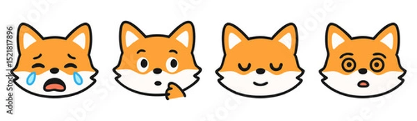Fototapeta Kawaii Fox Face Emotes – Crying, Thinking, Sleepy and Surprised Cute Animal Expressions – Vector Sticker Pack
