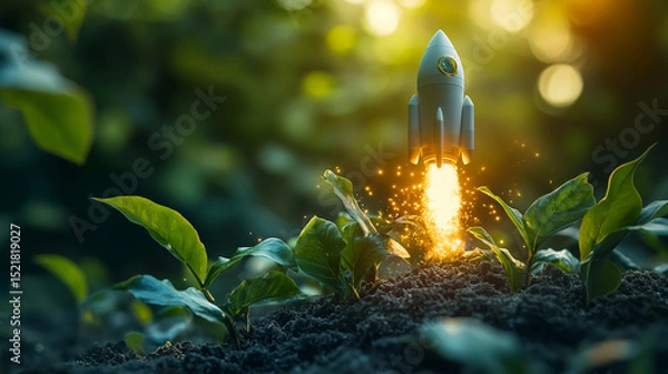 Obraz Rocket launch startup business success concept innovation technology growth from the ground up development