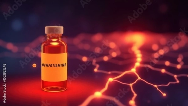 Fototapeta A glowing vial labeled "Benfotiamine" sits beside a molecular structure. In the background, smooth, glowing pathways symbolize balanced blood sugar and nerve protection.