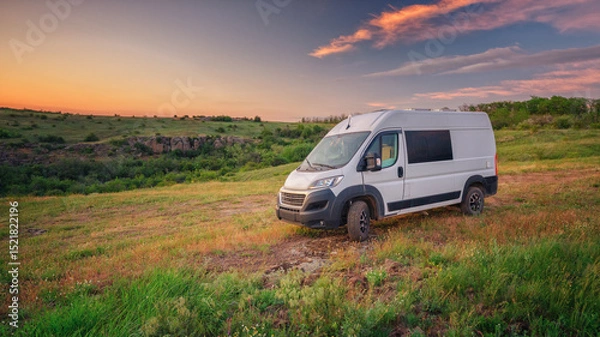 Obraz landscape view to white camper van in sunset time in canyon with copy space