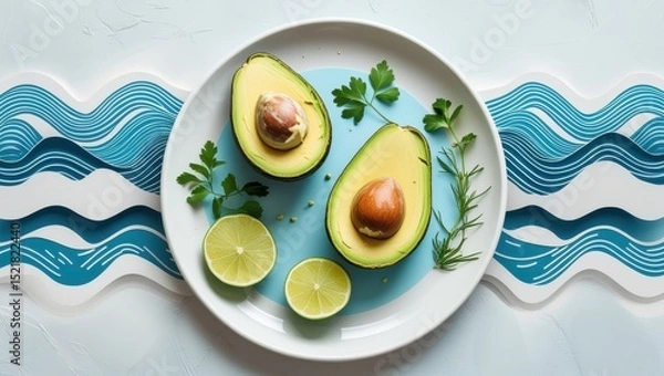 Fototapeta A halved avocado sits on a white plate, surrounded by abstract wave patterns symbolizing blood sugar stability and a soft blue aura representing reduced inflammation. The plate is garnished with lime 