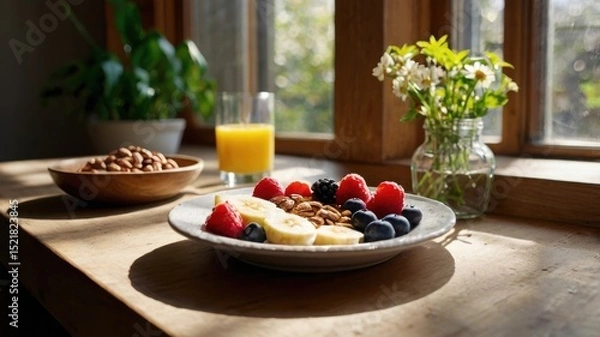 Fototapeta A vibrant breakfast plate with bananas, berries, oats, and nuts in a sunlit kitchen. Surrounded by warm tones, plants, and cozy kitchenware, it radiates simplicity, balance, and lasting health.
