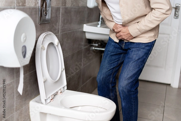 Obraz Senior man suffering from abdominal pain in restroom