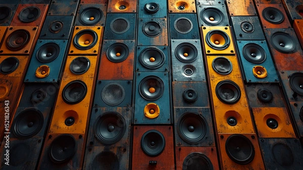 Obraz A wall of vintage speakers audio equipment music system sound system speakers for sound quality audio