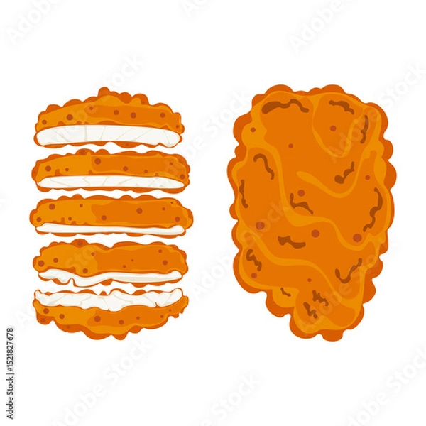 Fototapeta Flat vector illustration set. Crispy, golden fried chicken, sliced ​​into delicious pieces. Cooking from top view. Delicious food, Fast food, Isolated on background. Recipe, Menu, Restaurant.