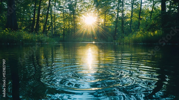 Fototapeta Sunlight reflecting on a pond with ripples and trees in the background creating a serene landscape