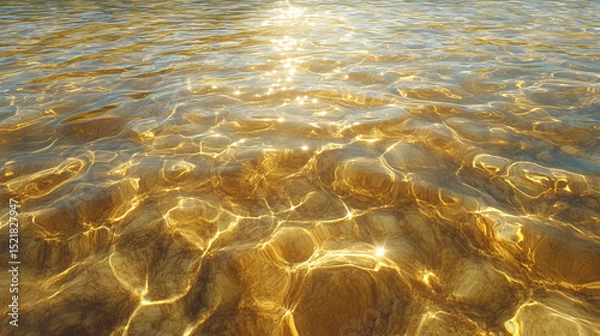 Fototapeta A close up view of shallow water with sunlight reflecting and creating patterns on the sandy bottom