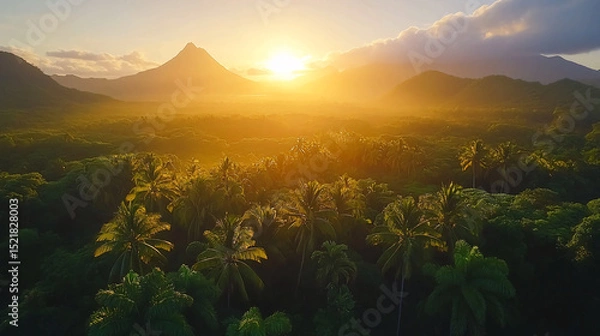 Obraz Aerial view of tropical forest with palm trees and mountains at bright golden sunset light