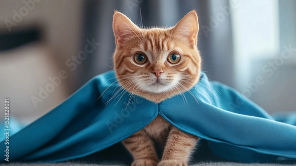 Obraz A cute ginger cat wearing a blue cape and looking at the camera with big green eyes in a bright setting
