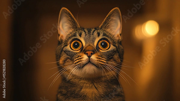 Obraz Close up portrait of a tabby cat with wide eyes and long whiskers looking directly at the viewer