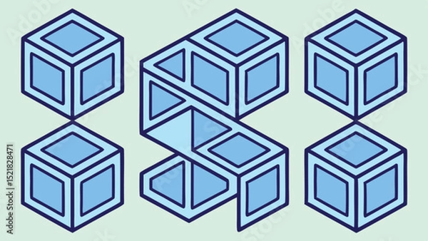 Fototapeta Abstract geometric arrangement of cubes in blue with a s shape design