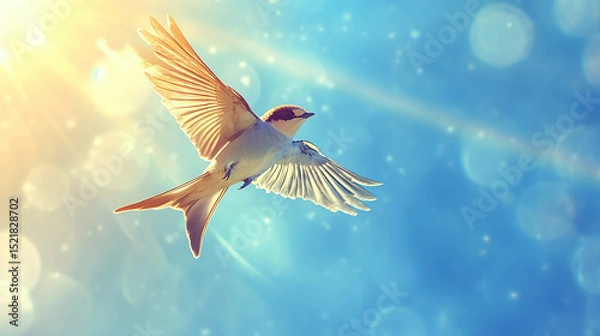 Obraz A bird with outstretched wings soars against a bright blue sky with bokeh and sun flare effects