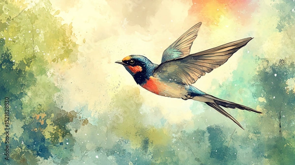 Obraz Watercolor painting of a swallow in flight against a backdrop of soft colors and blurred shapes