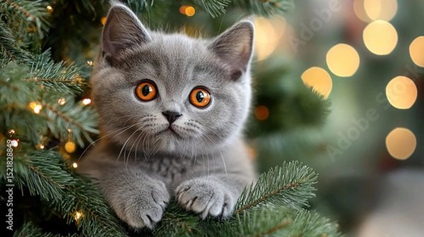 Obraz Gray kitten with orange eyes nestled among christmas tree branches with bokeh lights background