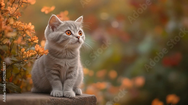 Obraz A cute gray kitten sitting near orange flowers looking up in a blurred outdoor background setting scene