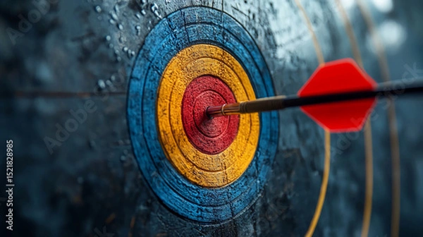 Obraz Close up of an arrow hitting the bullseye on a target with blue yellow and red concentric circles