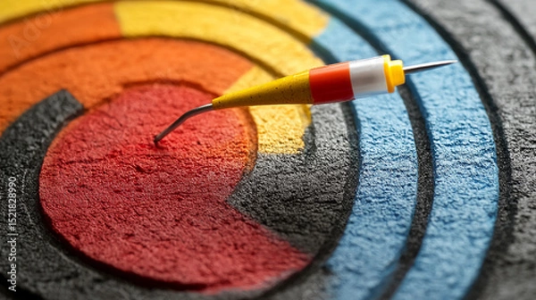 Obraz Close up of a dart in the bullseye of a target with concentric circles of various colors on a rough surface