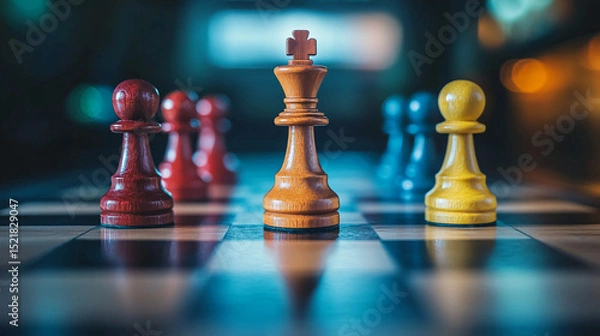 Obraz A chess board with red pawns, blue pawns, and a king piece in focus on a reflective surface