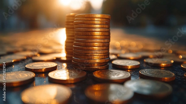 Obraz Close up shot of stacked gold coins and scattered coins with a blurred background and warm lighting